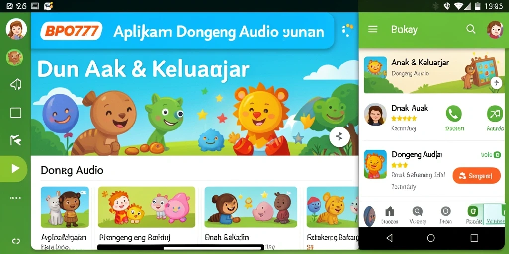 Antarmuka aplikasi BPO777 yang ramah anak dengan koleksi dongeng audio.