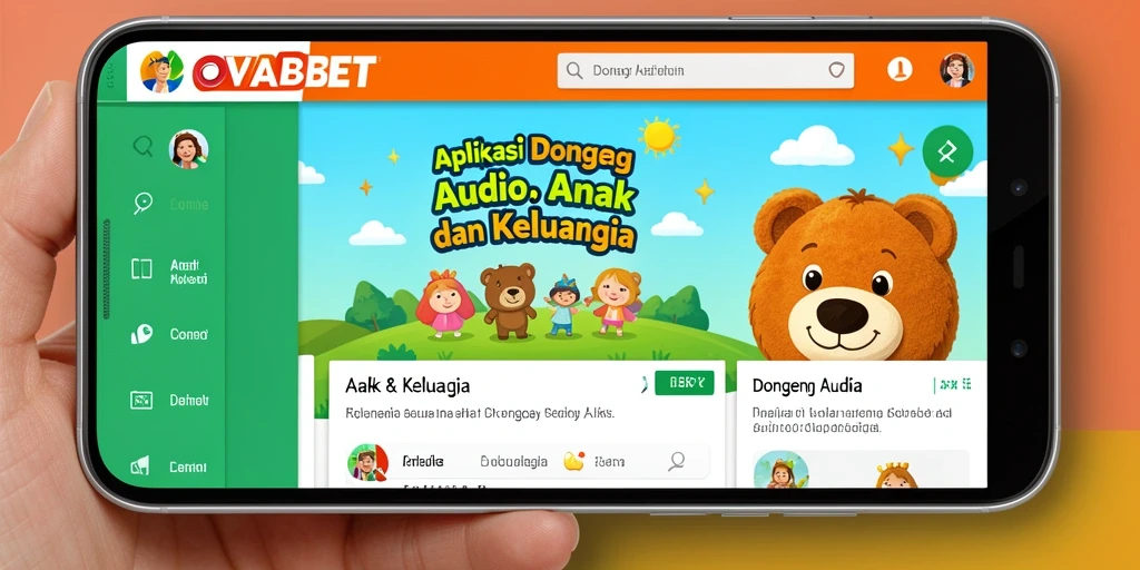 Tampilan antarmuka OVABET yang ramah anak dengan pilihan dongeng audio.
