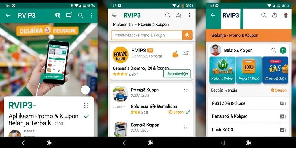 Antarmuka aplikasi RVIP3 dengan berbagai kupon dan promo menarik.